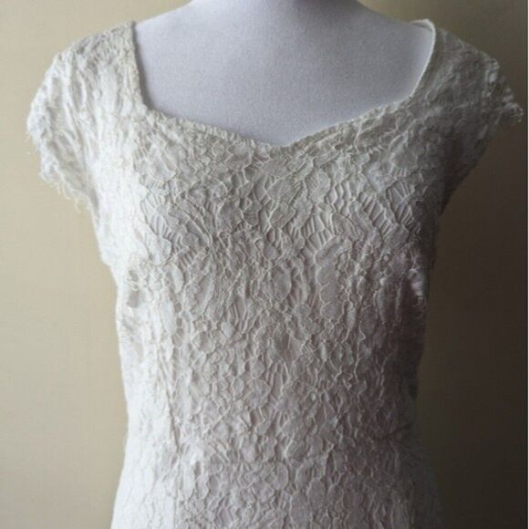 White Lace Dress Cap Sleeve Scoop Neck Medium - Picture 3 of 11